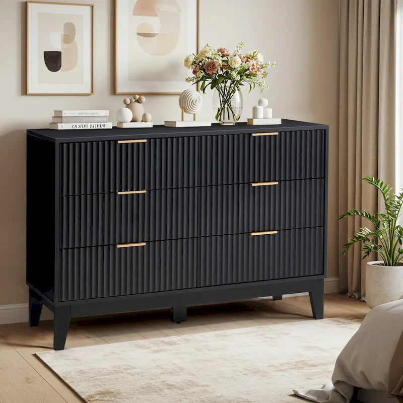 6-Drawer Fluted Dresser with Metal Handles, Black / White / Wood Color, Mid-Century Modern Style
