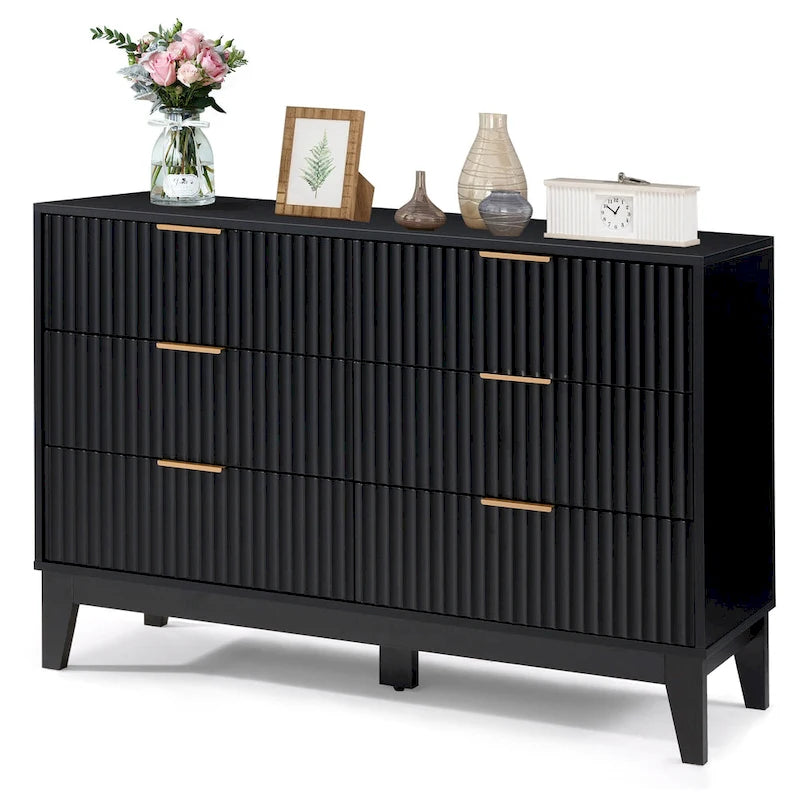 6-Drawer Fluted Dresser with Metal Handles, Black / White / Wood Color, Mid-Century Modern Style
