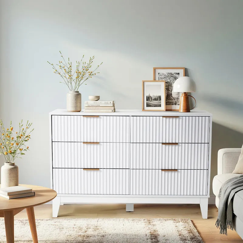 6-Drawer Fluted Dresser with Metal Handles, Black / White / Wood Color, Mid-Century Modern Style