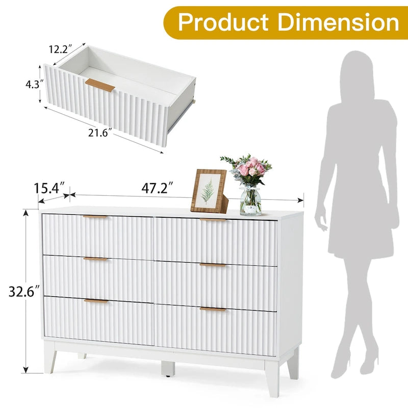 6-Drawer Fluted Dresser with Metal Handles, Black / White / Wood Color, Mid-Century Modern Style