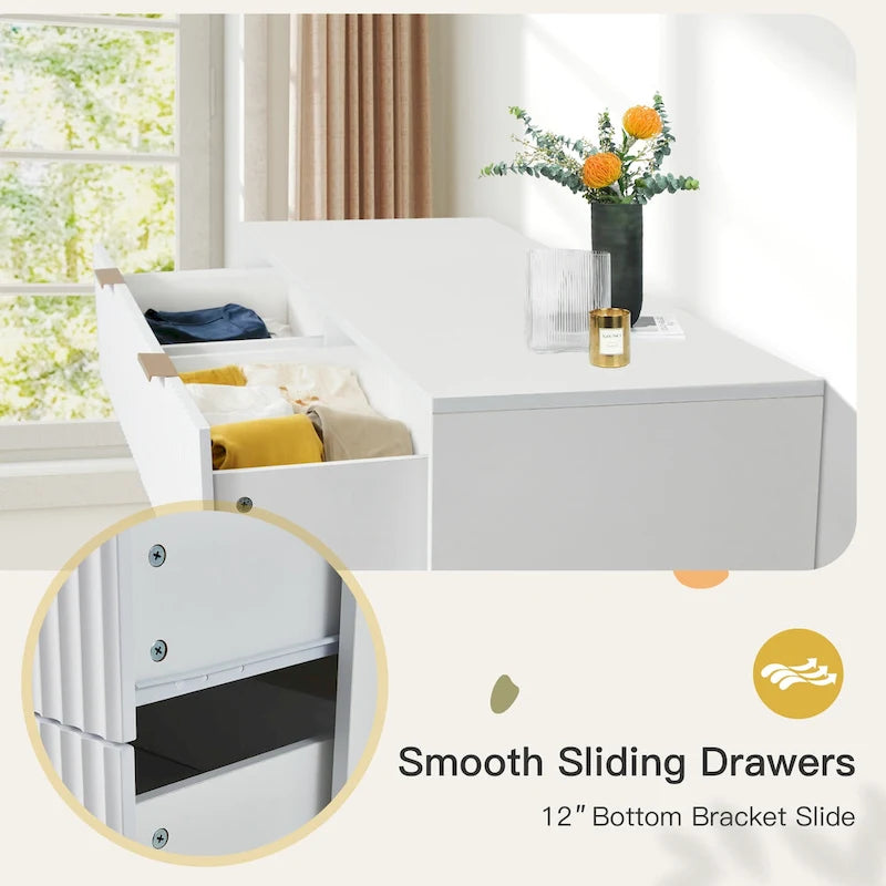 6-Drawer Fluted Dresser with Metal Handles, Black / White / Wood Color, Mid-Century Modern Style