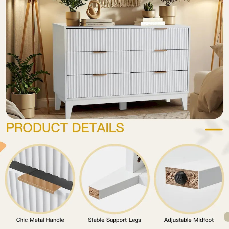 6-Drawer Fluted Dresser with Metal Handles, Black / White / Wood Color, Mid-Century Modern Style