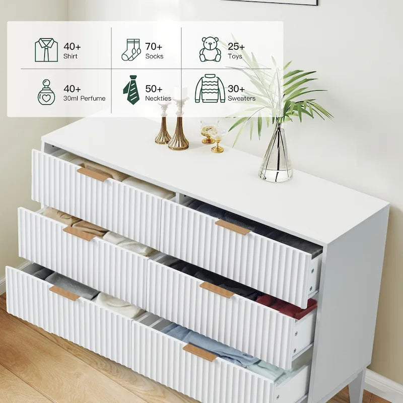 6-Drawer Fluted Dresser with Metal Handles, Black / White / Wood Color, Mid-Century Modern Style