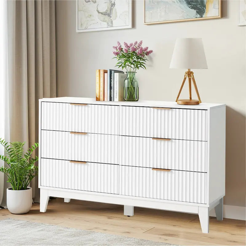 6-Drawer Fluted Dresser with Metal Handles, Black / White / Wood Color, Mid-Century Modern Style