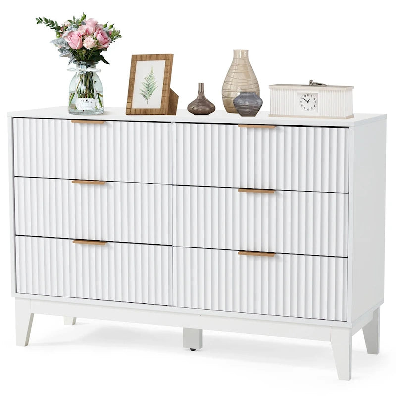6-Drawer Fluted Dresser with Metal Handles, Black / White / Wood Color, Mid-Century Modern Style