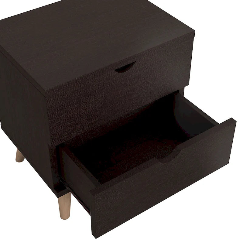 2-Drawer Nightstand with Tapered Legs, Cappuccino, Mid-Century Modern Style