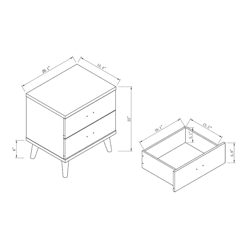 2-Drawer Nightstand with Tapered Legs, Cappuccino, Mid-Century Modern Style