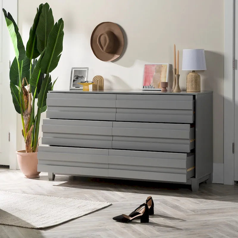 6-Drawer Solid Wood Dresser with Channeled Fronts & Tapered Feet, Onyx / Chalk / Grey / Black / White, Contemporary Style