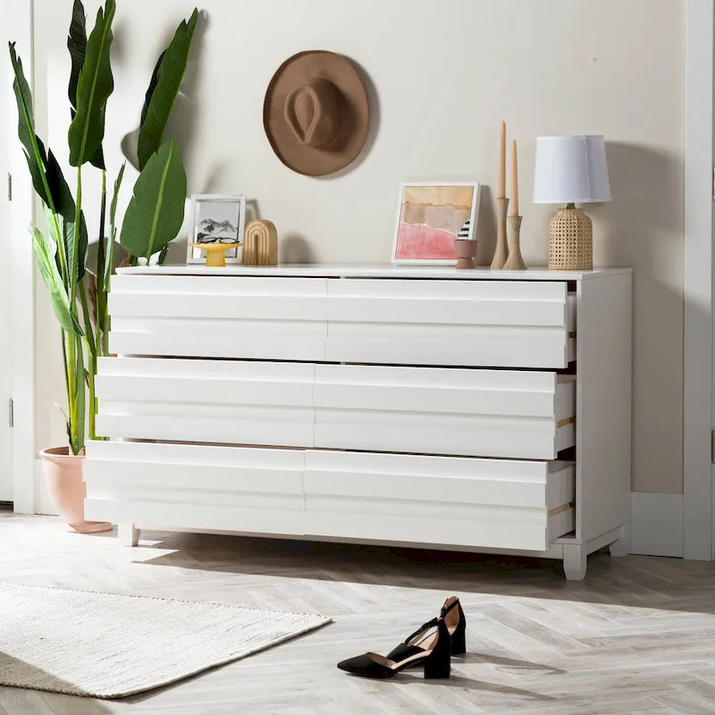 6-Drawer Solid Wood Dresser with Channeled Fronts & Tapered Feet, Onyx / Chalk / Grey / Black / White, Contemporary Style