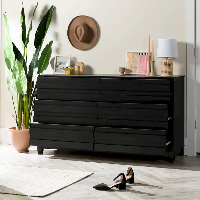 6-Drawer Solid Wood Dresser with Channeled Fronts & Tapered Feet, Onyx / Chalk / Grey / Black / White, Contemporary Style