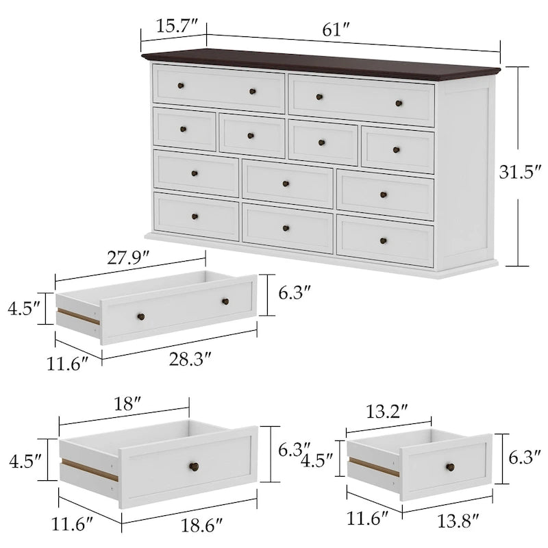 12-Drawer Wide Dresser, Brown & White, Modern Style