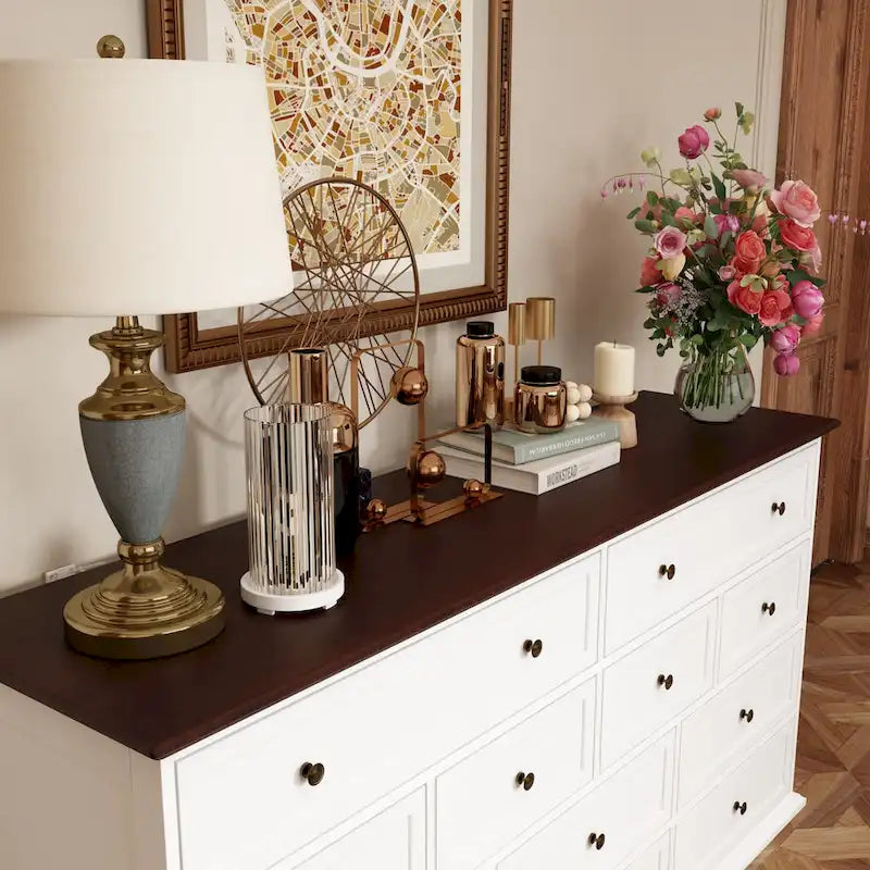 12-Drawer Wide Dresser, Brown & White, Modern Style