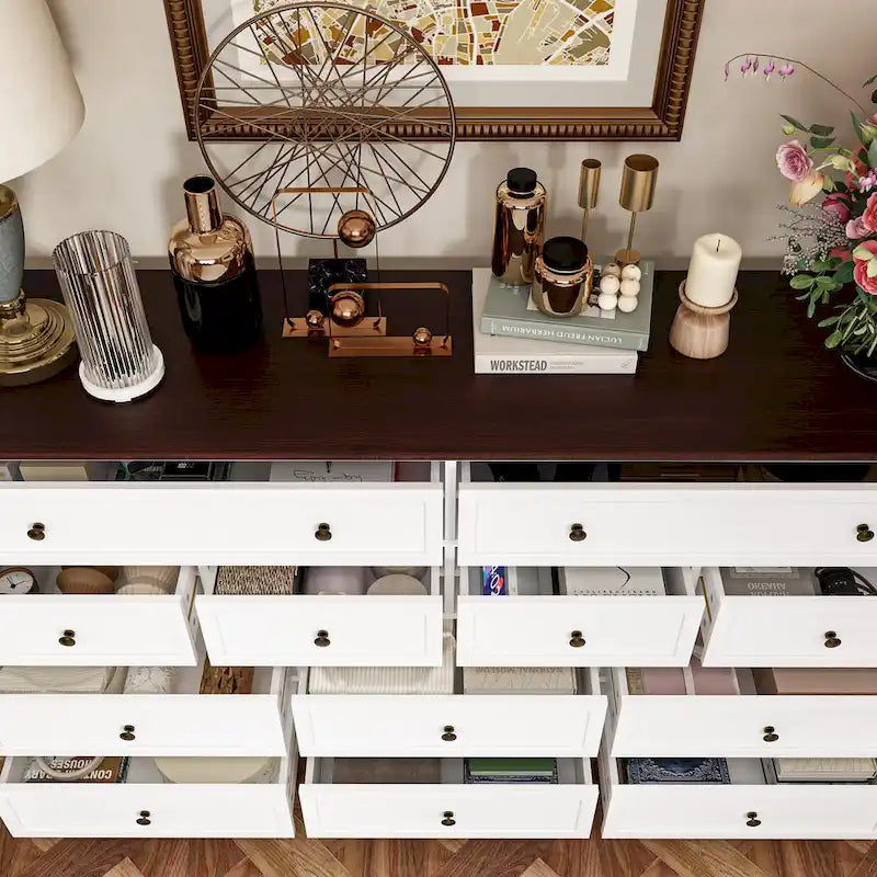 12-Drawer Wide Dresser, Brown & White, Modern Style