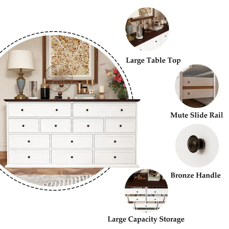 12-Drawer Wide Dresser, Brown & White, Modern Style