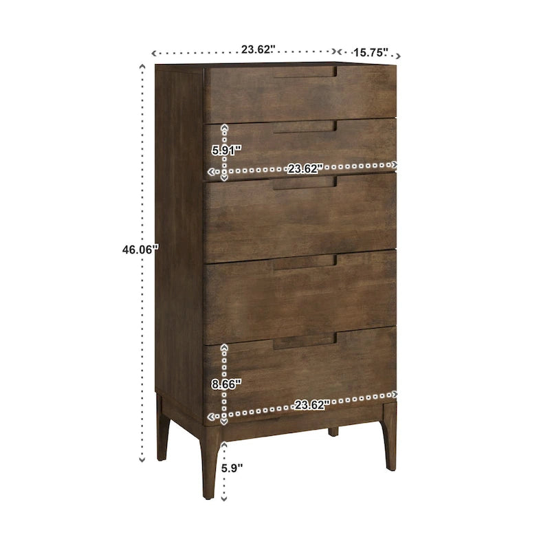 5-Drawer Chest with Tapered Legs & Dovetail Construction, Walnut Brown, Rustic Style