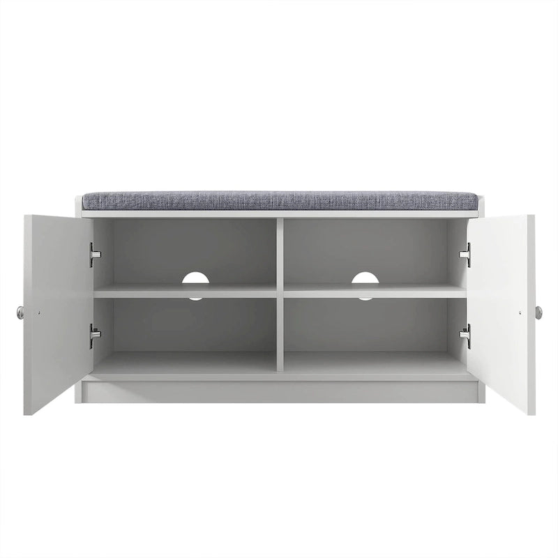 Entryway Shoe Bench with Cushion & 2-Door Storage Cabinet, White / Black, Modern Style