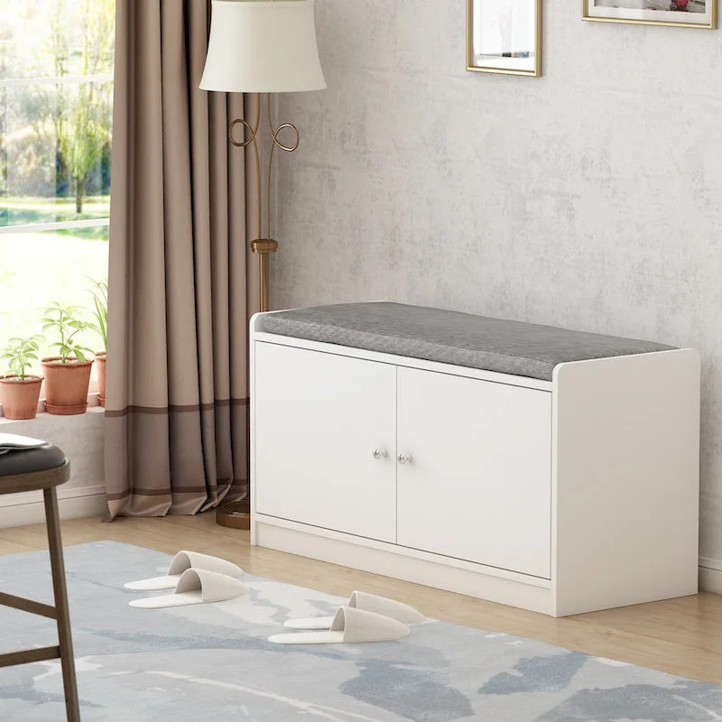 Entryway Shoe Bench with Cushion & 2-Door Storage Cabinet, White / Black, Modern Style