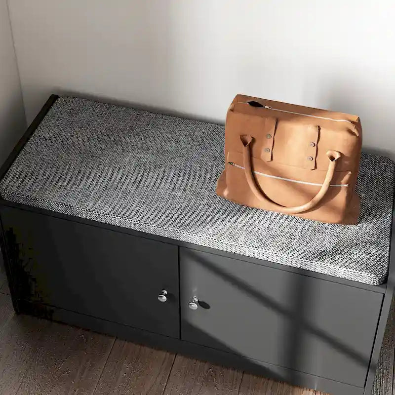 Entryway Shoe Bench with Cushion & 2-Door Storage Cabinet, White / Black, Modern Style