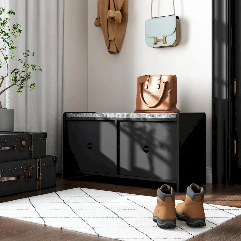 Entryway Shoe Bench with Cushion & 2-Door Storage Cabinet, White / Black, Modern Style
