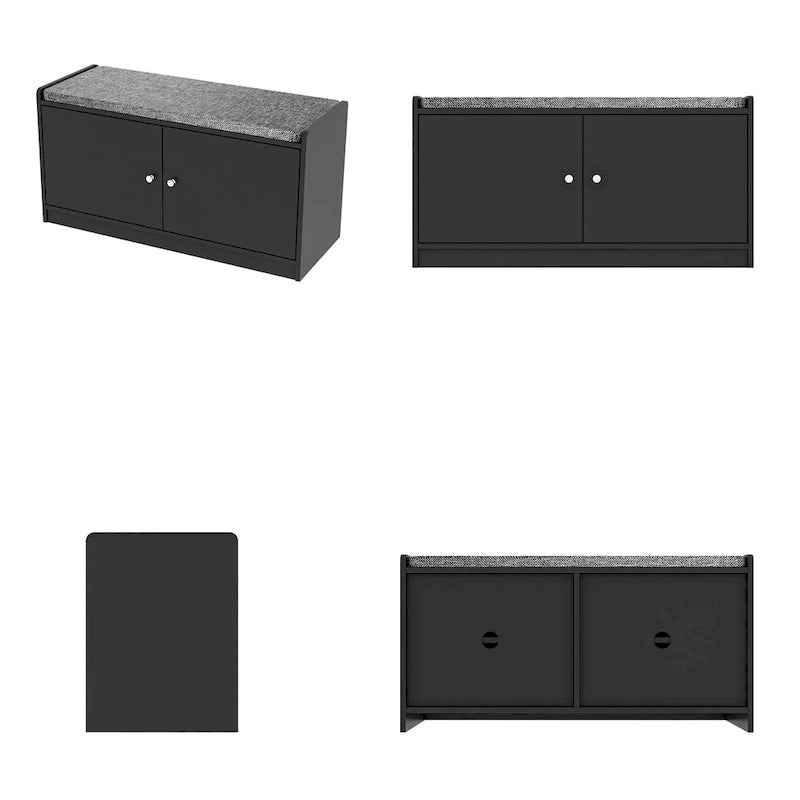 Entryway Shoe Bench with Cushion & 2-Door Storage Cabinet, White / Black, Modern Style