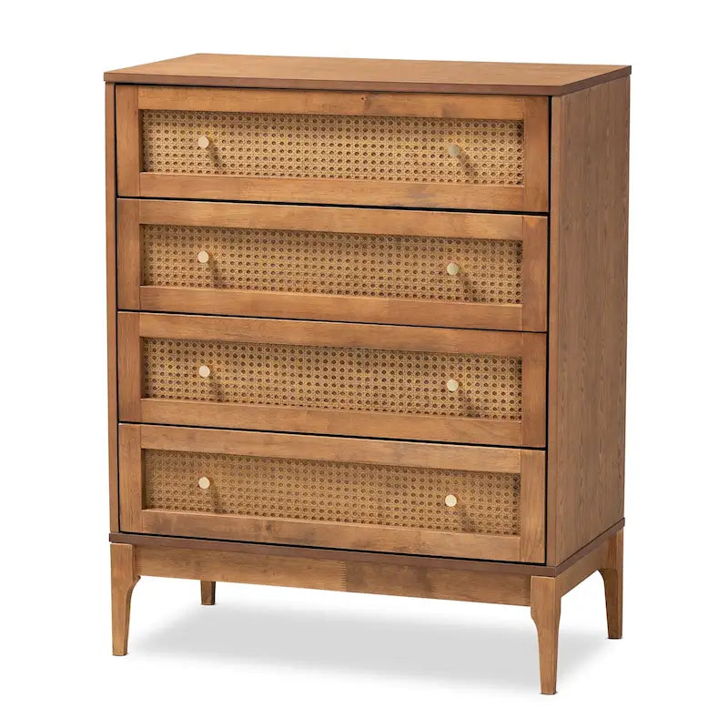 4-Drawer Chest with Woven Rattan Panels & Metal Knobs, Natural Brown & Gold, Mid-Century Modern Style