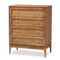 4-Drawer Chest with Woven Rattan Panels & Metal Knobs, Natural Brown & Gold, Mid-Century Modern Style