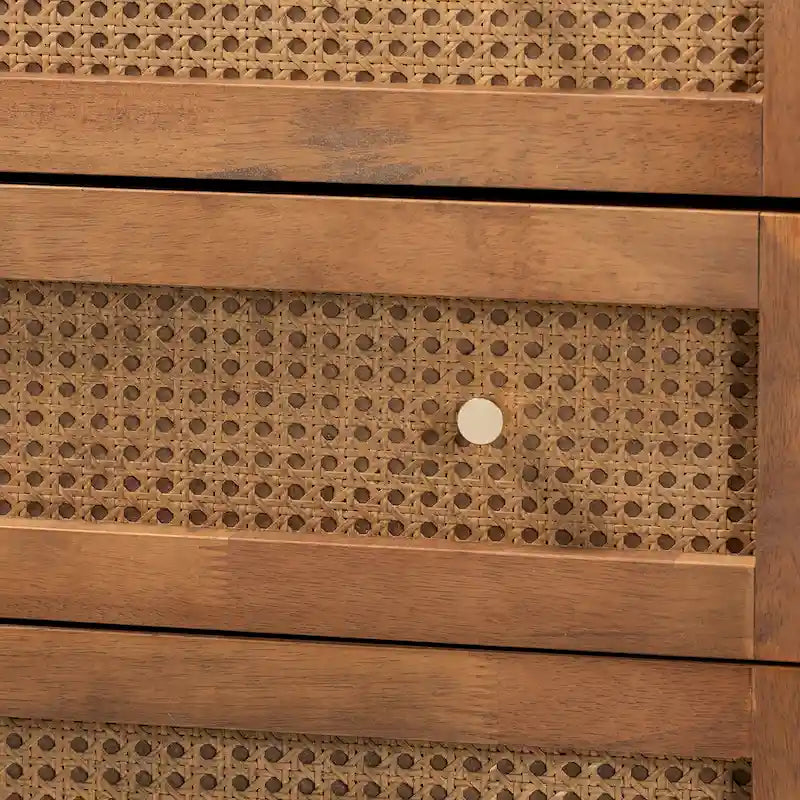 4-Drawer Chest with Woven Rattan Panels & Metal Knobs, Natural Brown & Gold, Mid-Century Modern Style