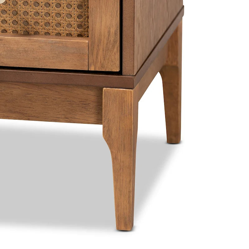 4-Drawer Chest with Woven Rattan Panels & Metal Knobs, Natural Brown & Gold, Mid-Century Modern Style