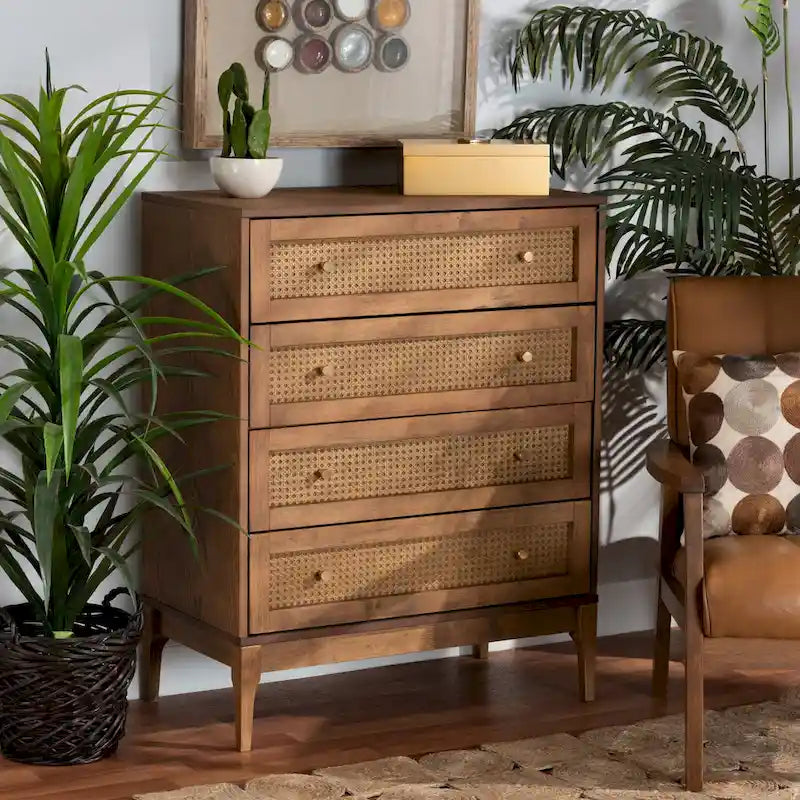 4-Drawer Chest with Woven Rattan Panels & Metal Knobs, Natural Brown & Gold, Mid-Century Modern Style