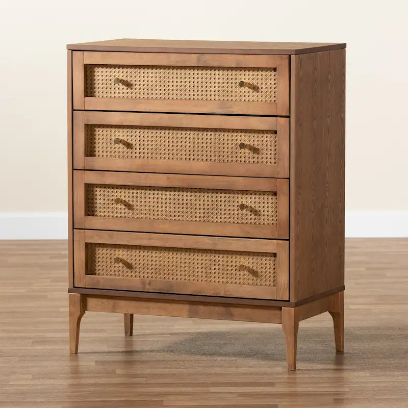 4-Drawer Chest with Woven Rattan Panels & Metal Knobs, Natural Brown & Gold, Mid-Century Modern Style