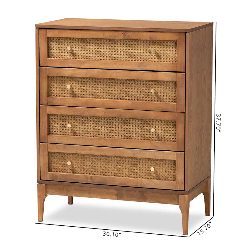 4-Drawer Chest with Woven Rattan Panels & Metal Knobs, Natural Brown & Gold, Mid-Century Modern Style