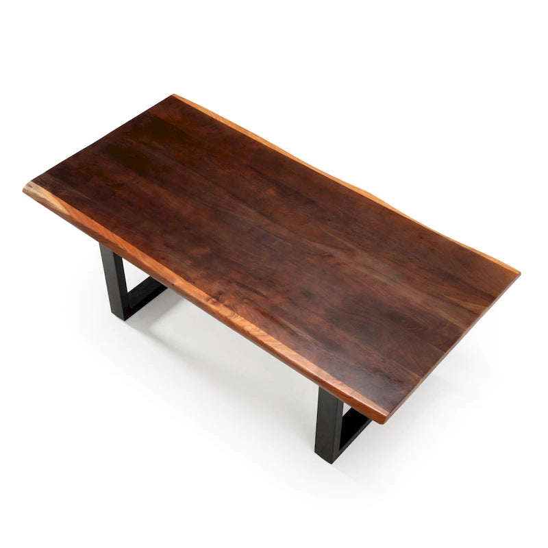 Solid Acacia Live Edge Dining Table with Black U-Legs, Brown, Rustic Modern Style, Seats 6