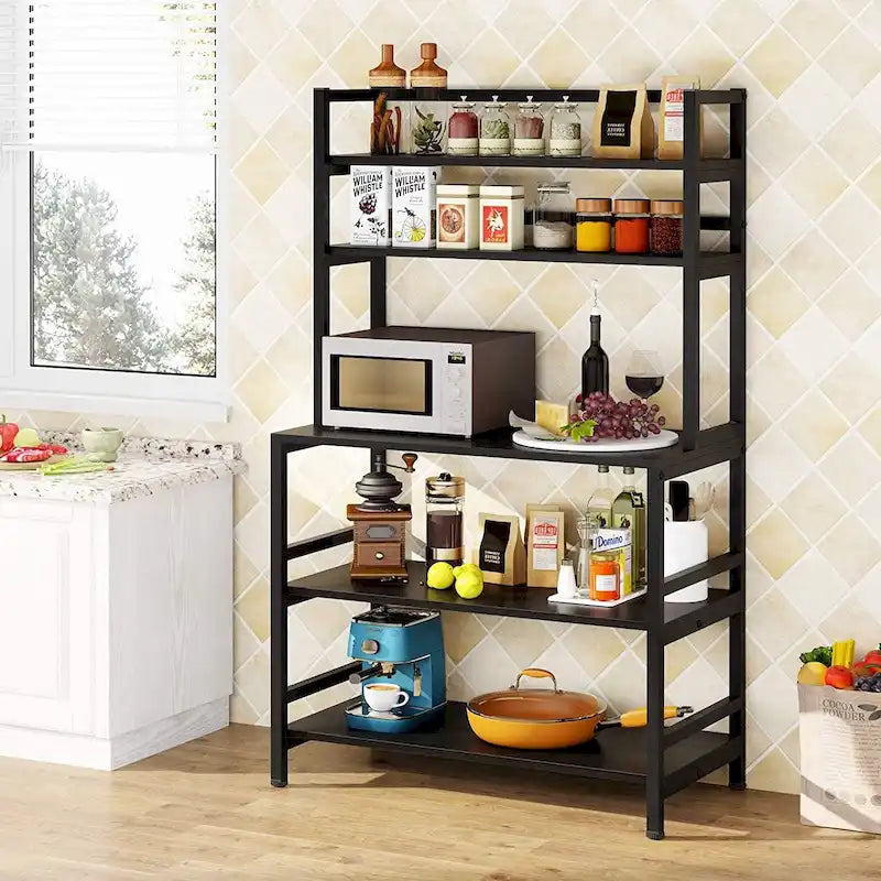 5-Tier Baker's Rack with Microwave Stand & Storage Shelves, Black / Brown / White / Grey, Industrial Style