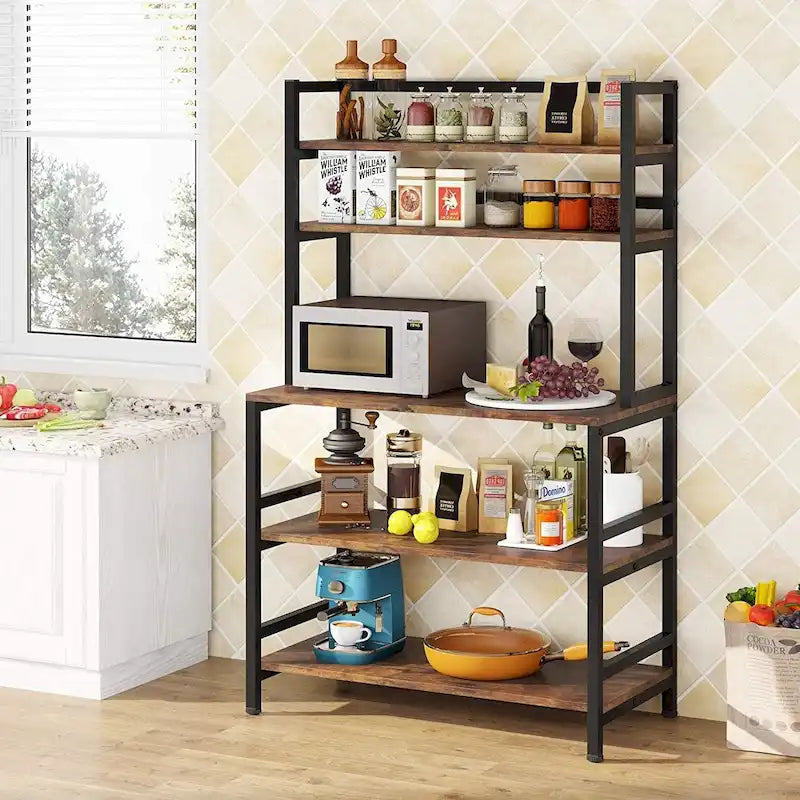 5-Tier Baker's Rack with Microwave Stand & Storage Shelves, Black / Brown / White / Grey, Industrial Style