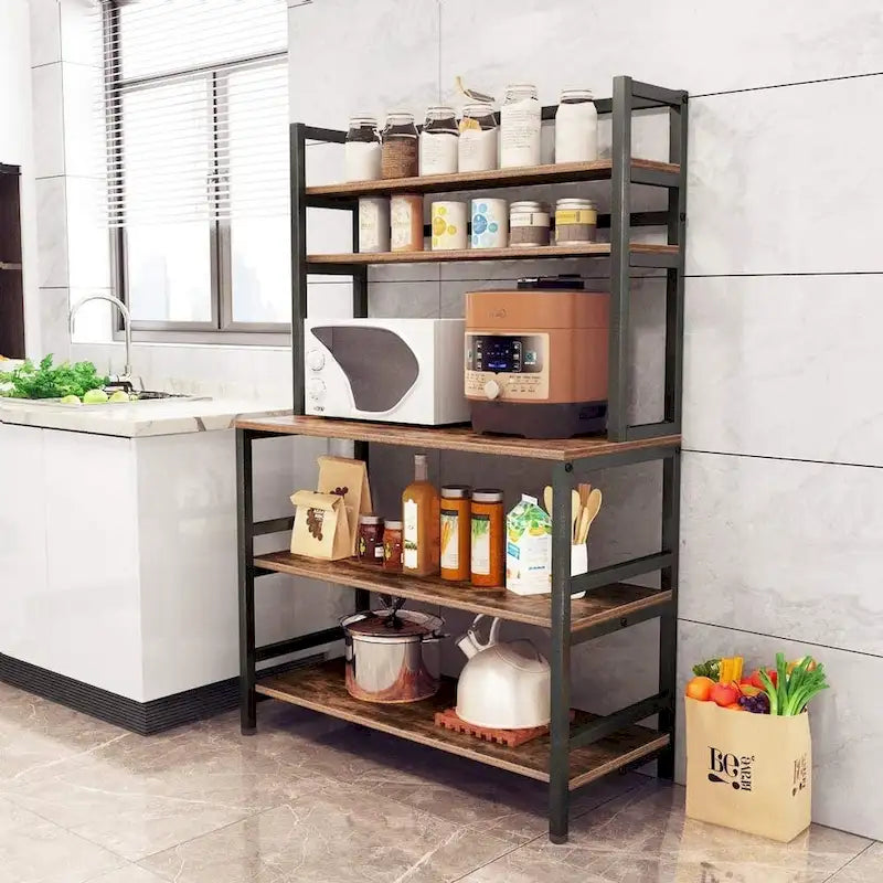 5-Tier Baker's Rack with Microwave Stand & Storage Shelves, Black / Brown / White / Grey, Industrial Style