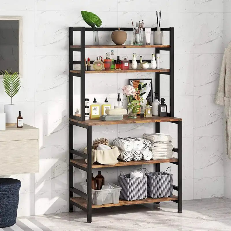 5-Tier Baker's Rack with Microwave Stand & Storage Shelves, Black / Brown / White / Grey, Industrial Style