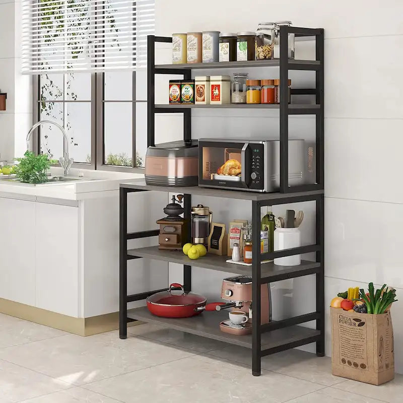5-Tier Baker's Rack with Microwave Stand & Storage Shelves, Black / Brown / White / Grey, Industrial Style