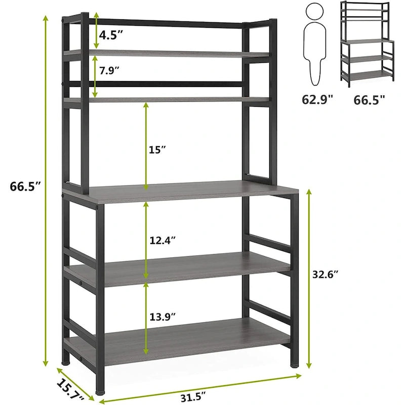 5-Tier Baker's Rack with Microwave Stand & Storage Shelves, Black / Brown / White / Grey, Industrial Style