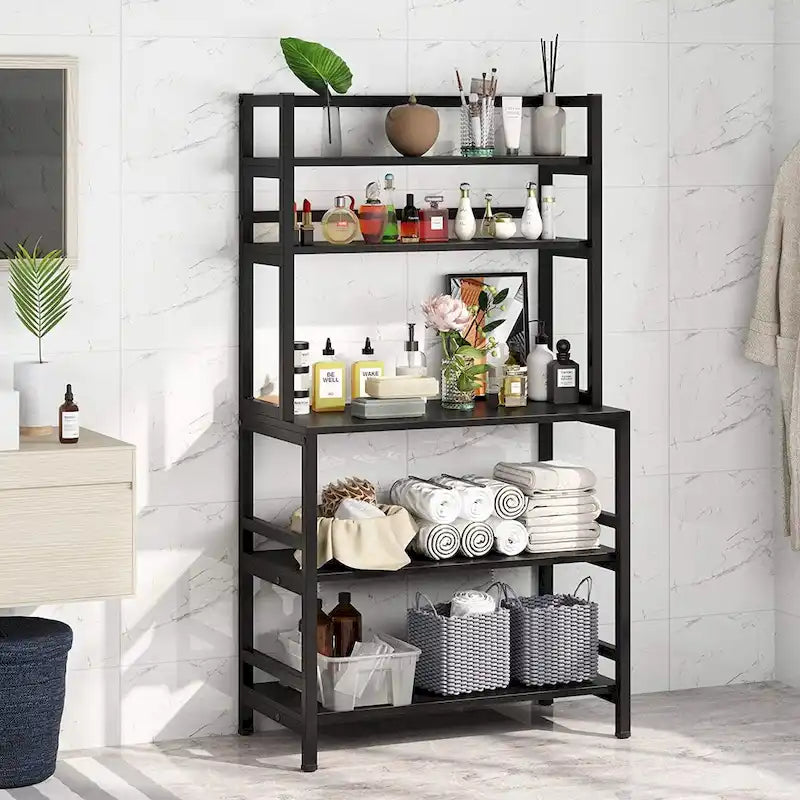 5-Tier Baker's Rack with Microwave Stand & Storage Shelves, Black / Brown / White / Grey, Industrial Style