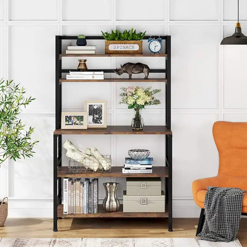 5-Tier Baker's Rack with Microwave Stand & Storage Shelves, Black / Brown / White / Grey, Industrial Style