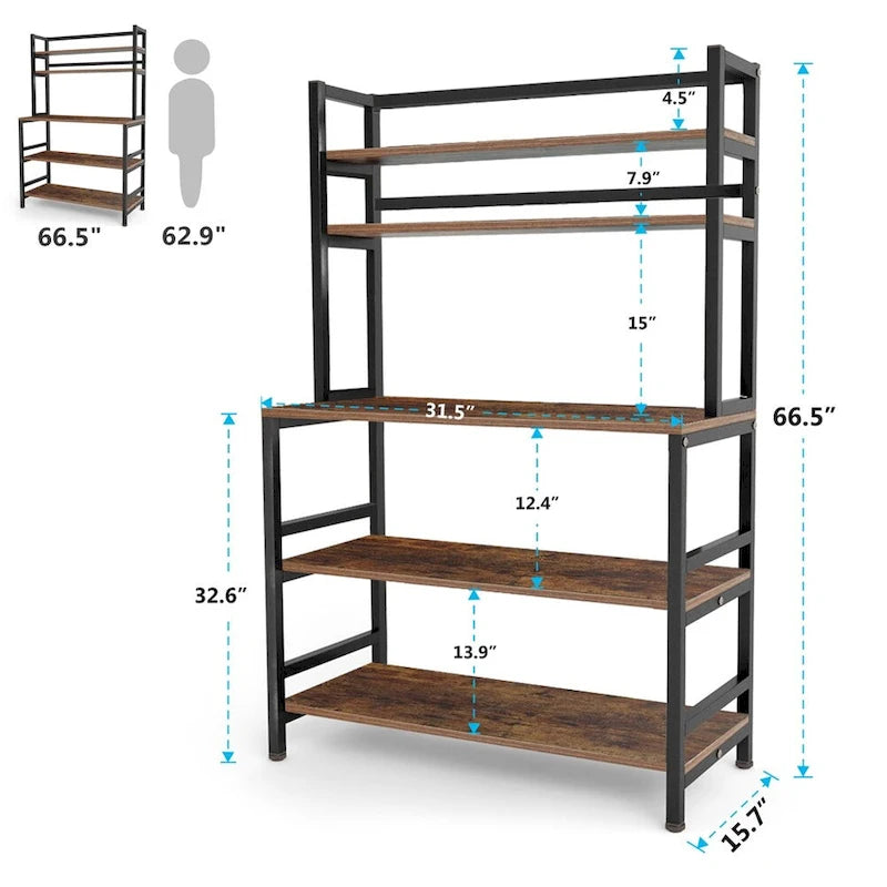 5-Tier Baker's Rack with Microwave Stand & Storage Shelves, Black / Brown / White / Grey, Industrial Style