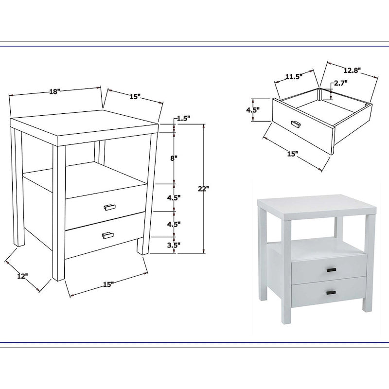 Solid Acacia Wood Storage End Table with 2 Drawers & Open Shelf, Multiple Colors, Transitional Style