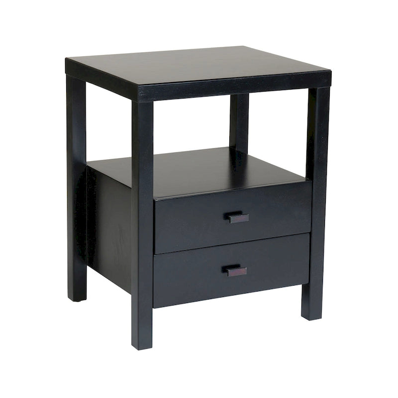 Solid Acacia Wood Storage End Table with 2 Drawers & Open Shelf, Multiple Colors, Transitional Style