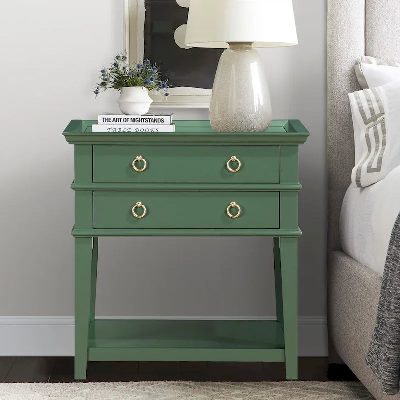 2-Drawer Tray Top Nightstand with Open Shelf, Antique White / Vintage Green / Midnight Blue, Classic Style