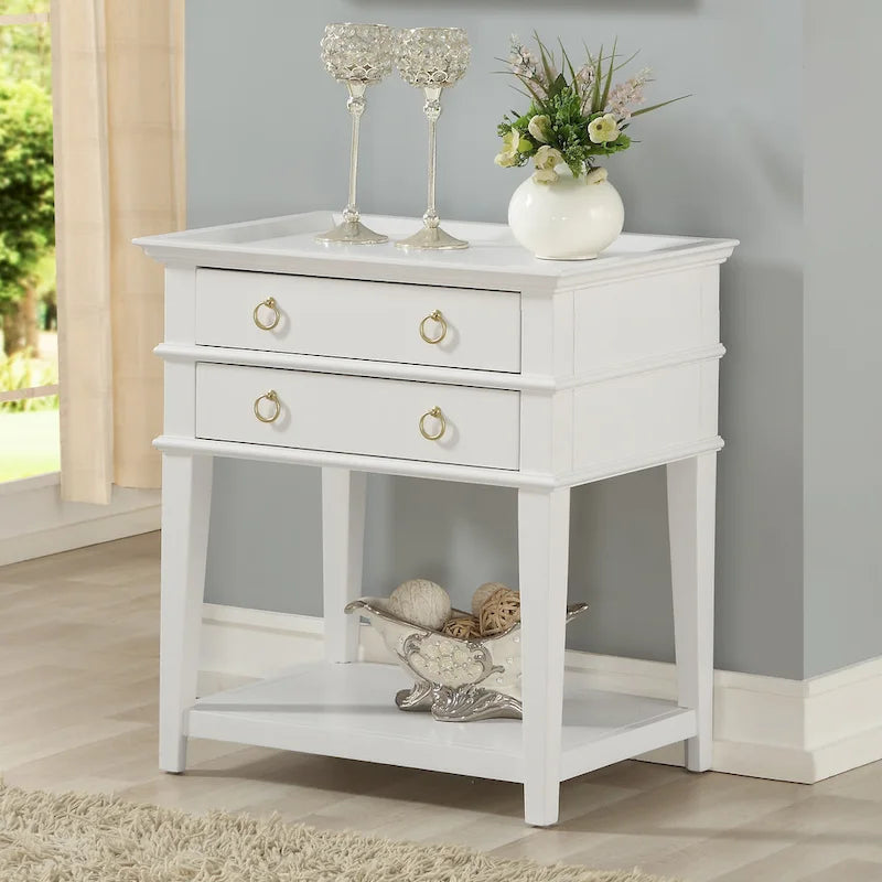 2-Drawer Tray Top Nightstand with Open Shelf, Antique White / Vintage Green / Midnight Blue, Classic Style