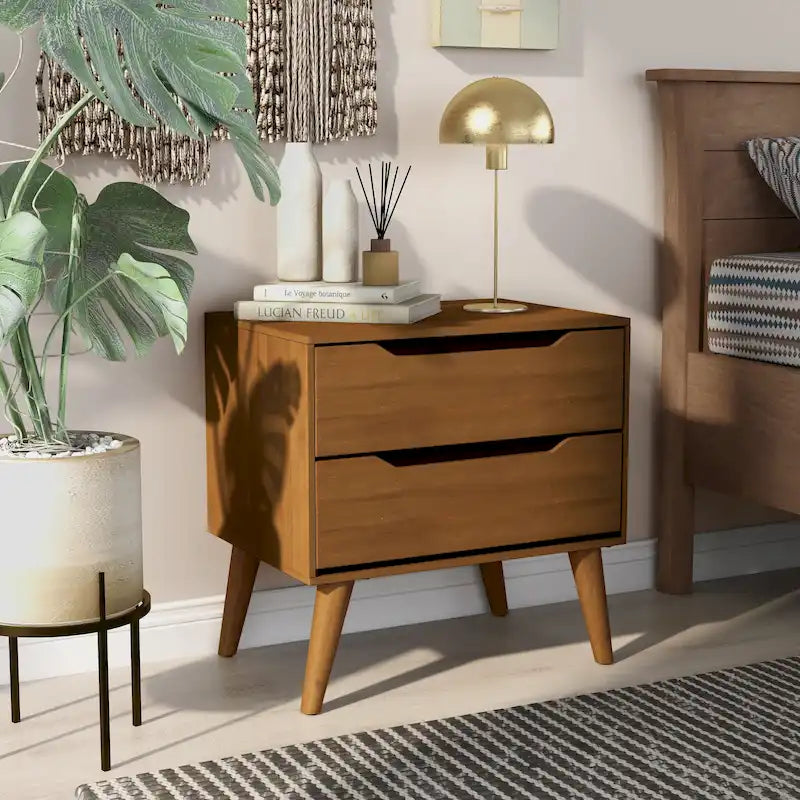 2-Drawer Nightstand with Angled Spindle Legs, Grey / Oak / White / Black, Mid-Century Modern Style