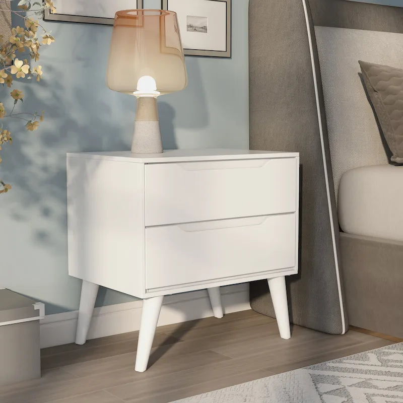 2-Drawer Nightstand with Angled Spindle Legs, Grey / Oak / White / Black, Mid-Century Modern Style