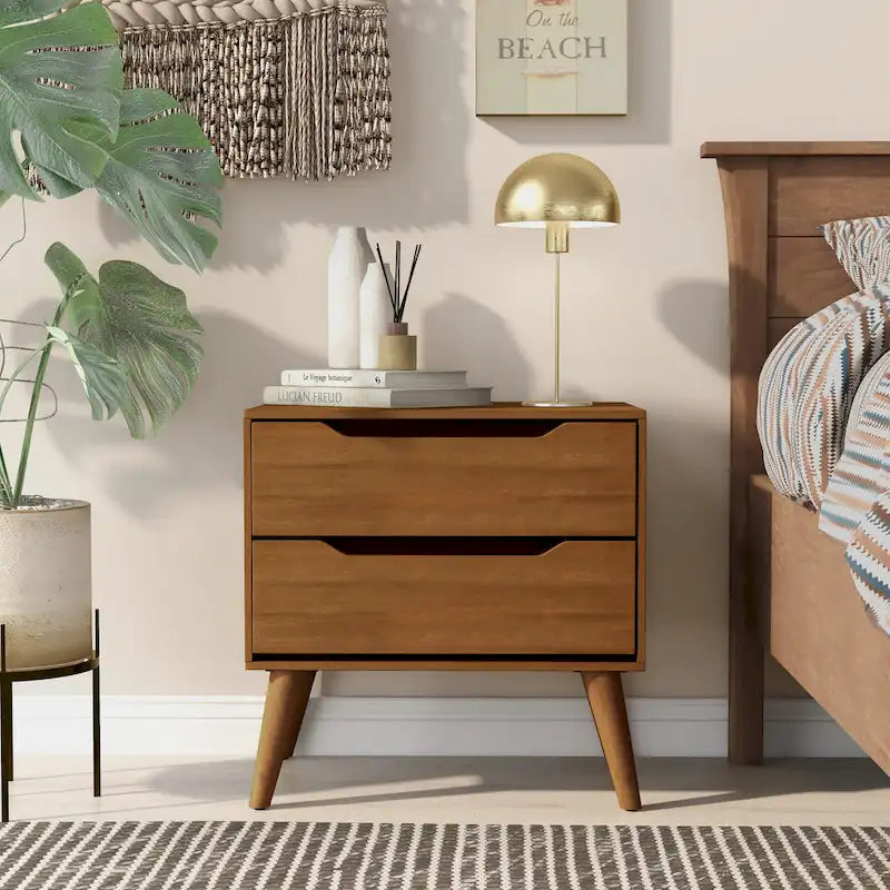 2-Drawer Nightstand with Angled Spindle Legs, Grey / Oak / White / Black, Mid-Century Modern Style