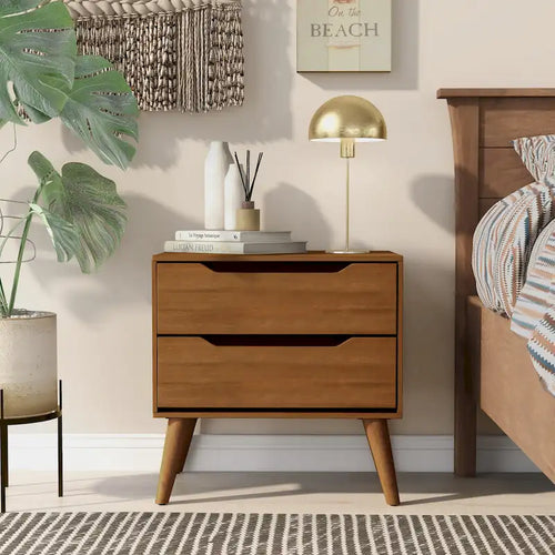 2-Drawer Nightstand with Angled Spindle Legs, Grey / Oak / White / Black, Mid-Century Modern Style