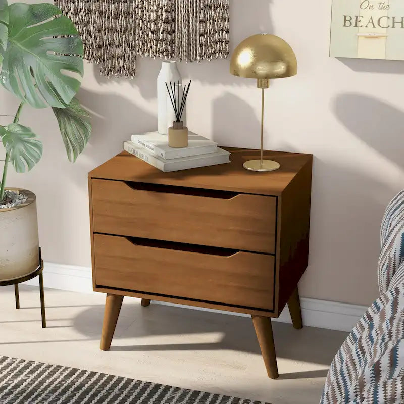 2-Drawer Nightstand with Angled Spindle Legs, Grey / Oak / White / Black, Mid-Century Modern Style